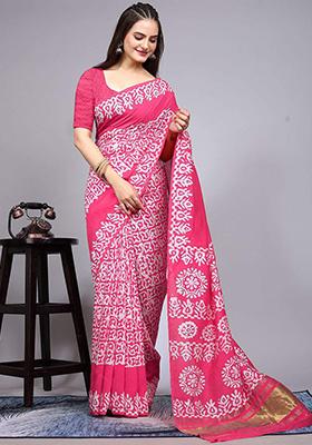 Pink Embroidered Cotton Saree Set