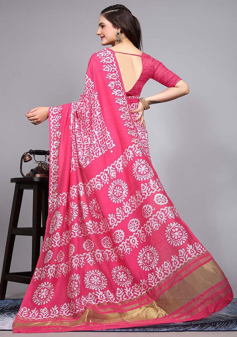 Pink Embroidered Cotton Saree Set
