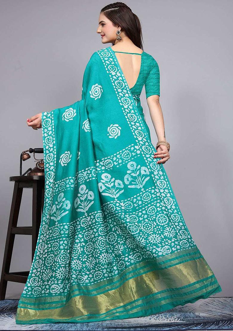 Rama Blue Embroidered Cotton Saree Set