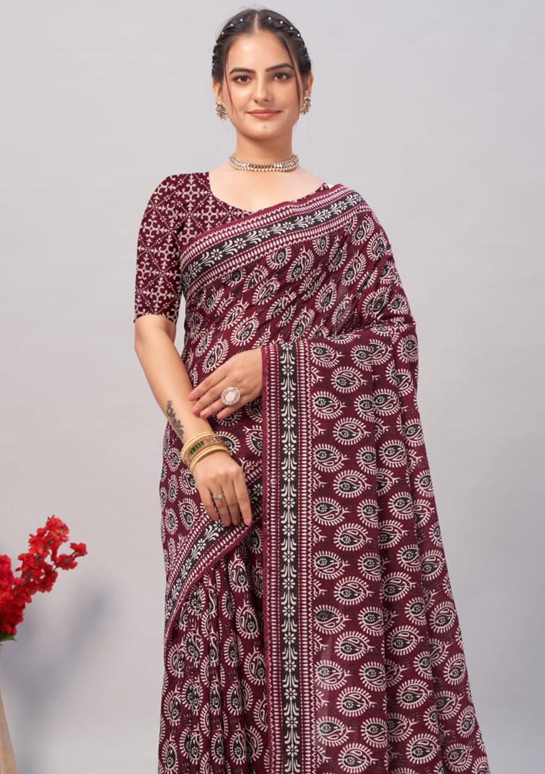 Maroon Embroidered Cotton Saree Set