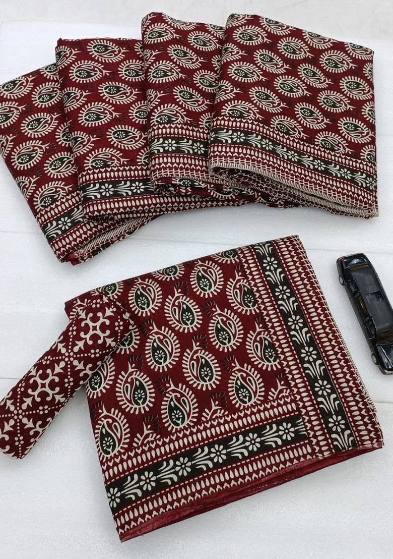 Maroon Embroidered Cotton Saree Set