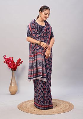 Navy Blue Embroidered Cotton Saree Set