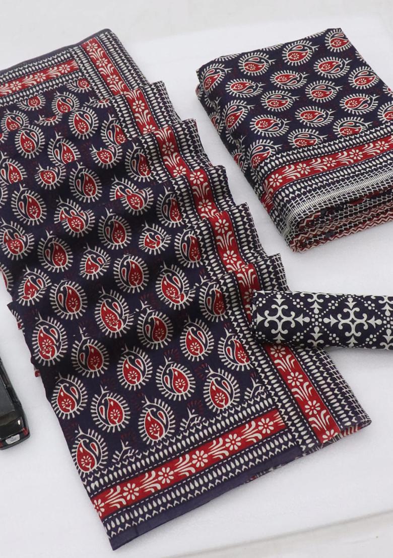 Navy Blue Embroidered Cotton Saree Set