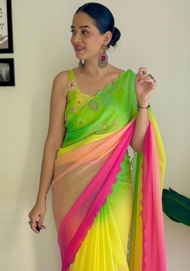 Multicolor Embroidered Georgette Saree Set