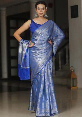 Blue Embroidered Silk Saree Set