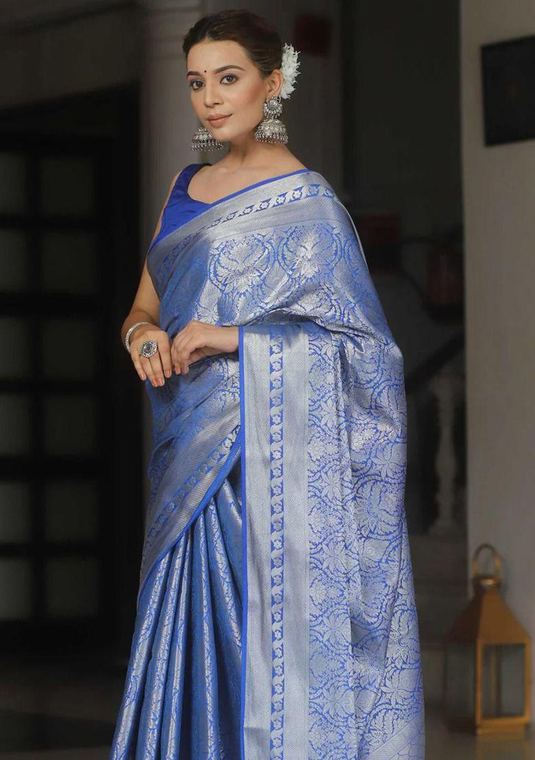 Blue Embroidered Silk Saree Set