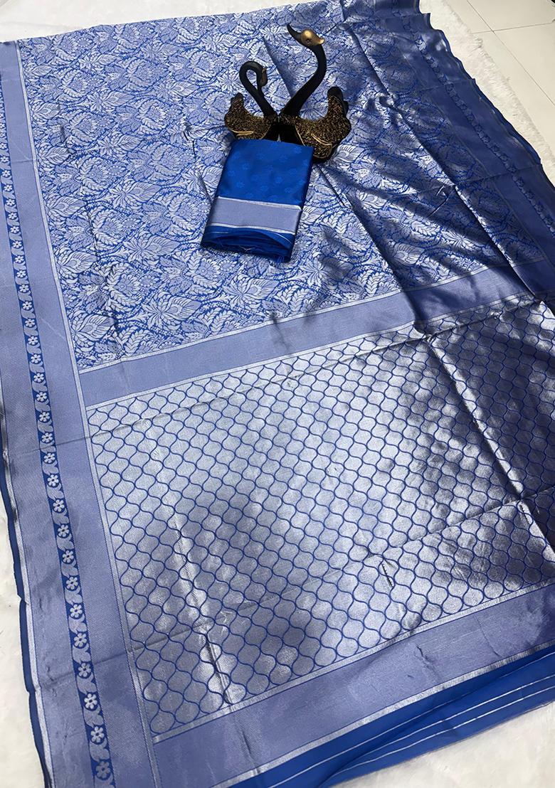 Blue Embroidered Silk Saree Set