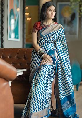 Blue Embroidered Linen Saree Set