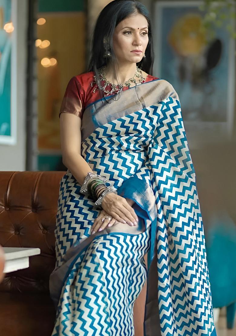 Blue Embroidered Linen Saree Set
