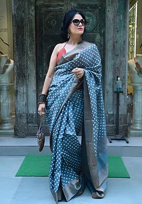 Blue Embroidered Linen Saree Set