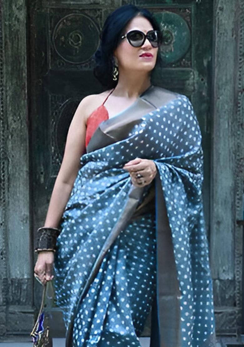 Blue Embroidered Linen Saree Set