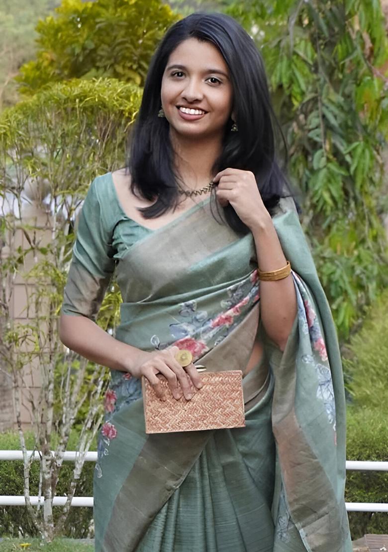 Teal Blue Embroidered Linen Saree Set