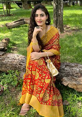 Orange Embroidered Linen Saree Set