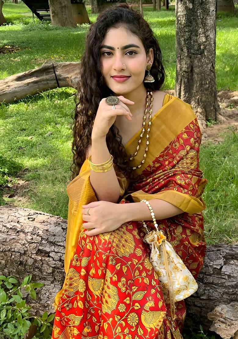 Orange Embroidered Linen Saree Set