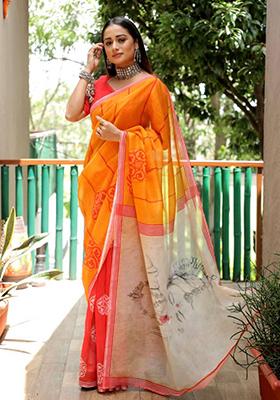 Mustard Yellow Embroidered Linen Saree Set
