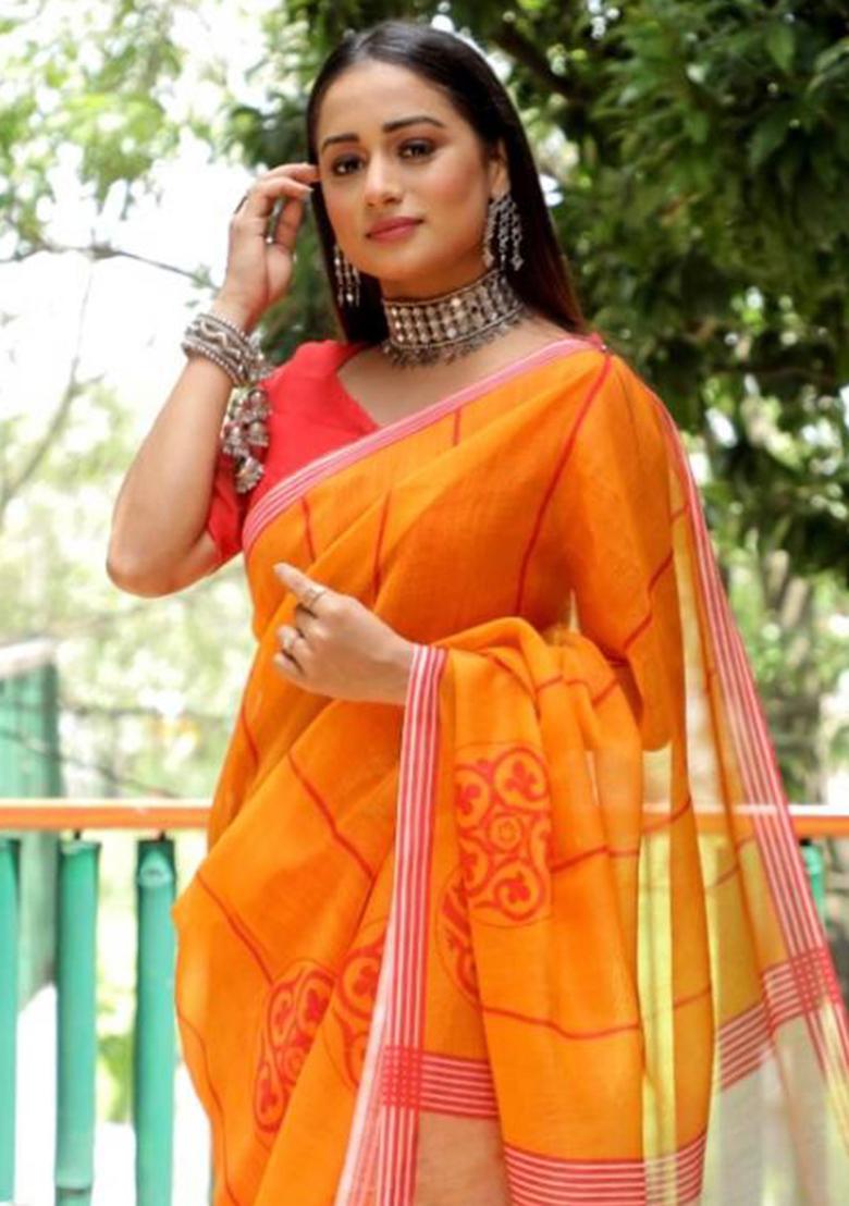 Mustard Yellow Embroidered Linen Saree Set