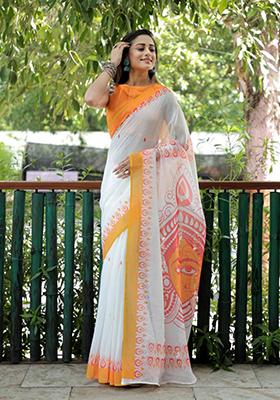 White Embroidered Linen Saree Set