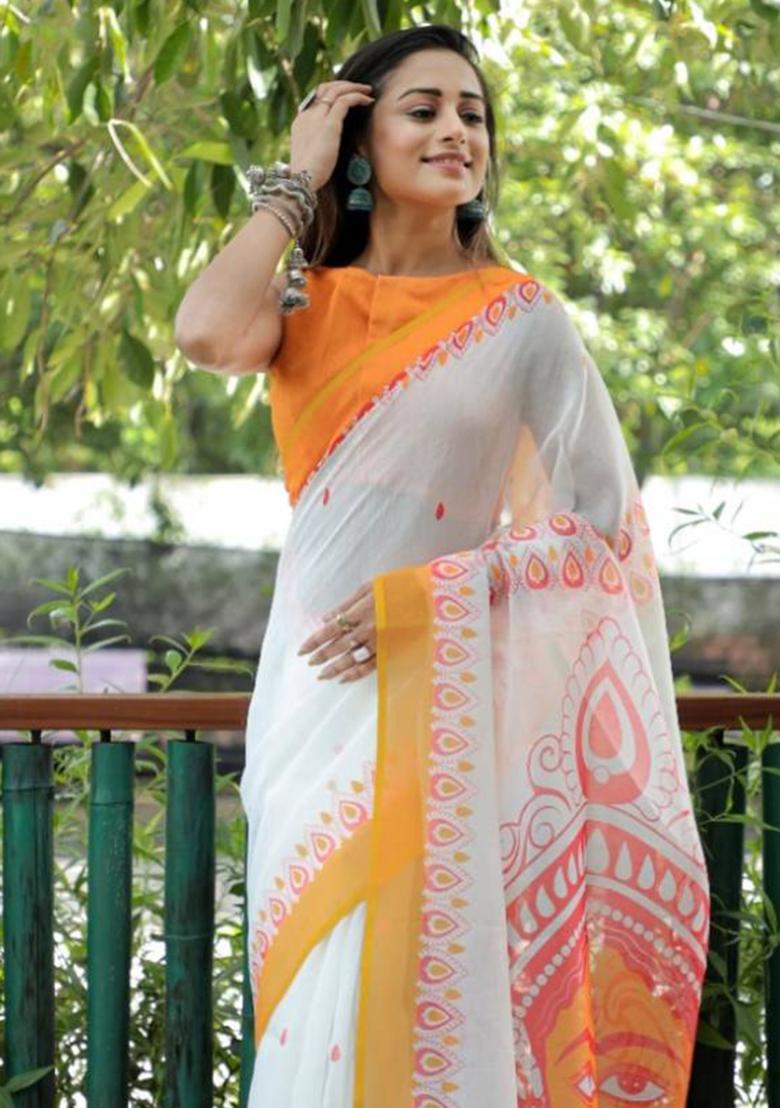 White Embroidered Linen Saree Set