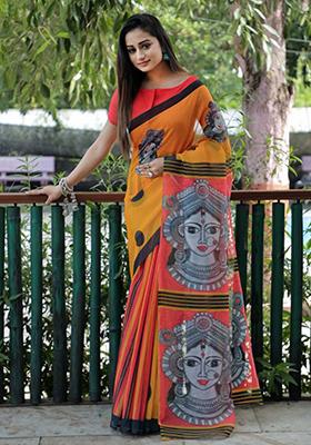 Mustard Yellow Embroidered Linen Saree Set