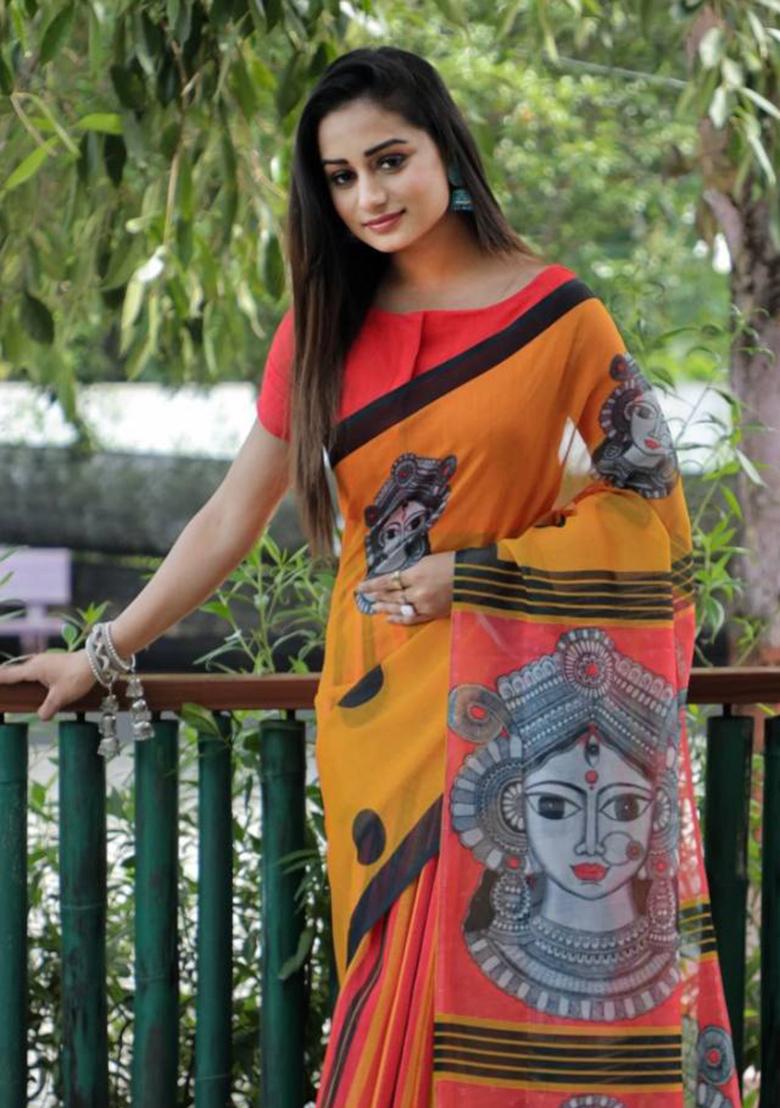 Mustard Yellow Embroidered Linen Saree Set