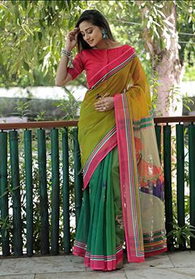 Olive Green Embroidered Linen Saree Set