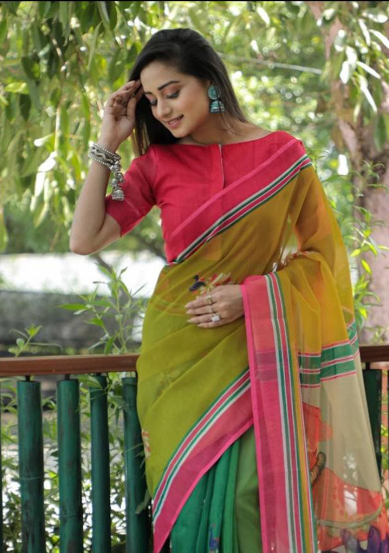 Olive Green Embroidered Linen Saree Set