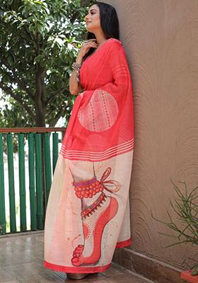 Pink Embroidered Linen Saree Set