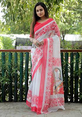 Pink Embroidered Linen Saree Set