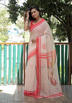 Cream Embroidered Linen Saree Set