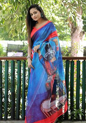 Blue Embroidered Linen Saree Set