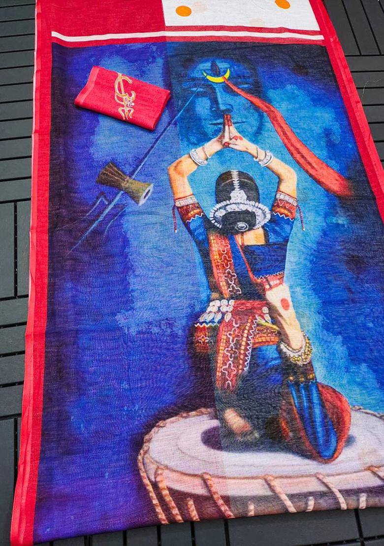 Blue Embroidered Linen Saree Set