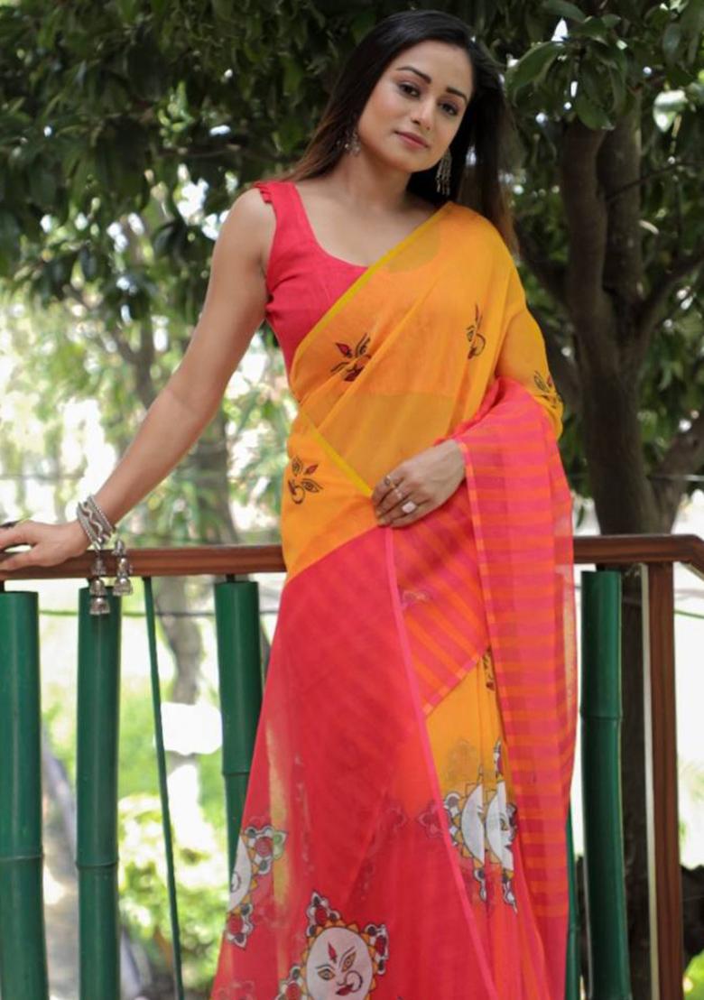 Mustard Yellow Embroidered Linen Saree Set