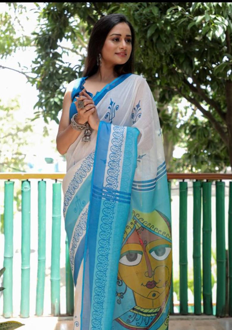 White Embroidered Linen Saree Set