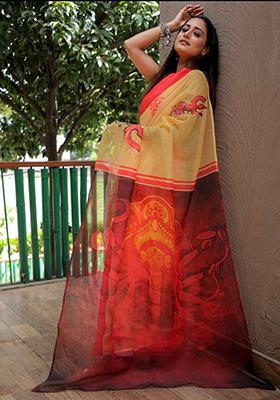 Cream Embroidered Linen Saree Set