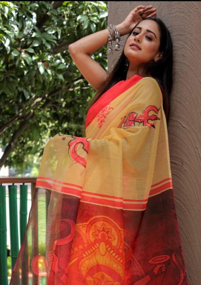 Cream Embroidered Linen Saree Set