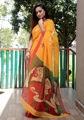 Mustard Yellow Embroidered Linen Saree Set