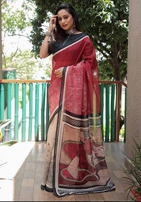 Maroon Embroidered Linen Saree Set