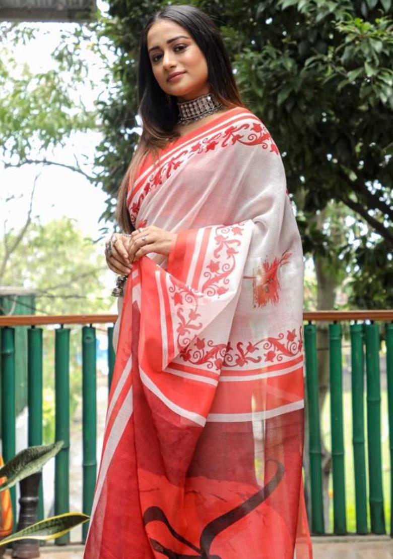 White Embroidered Linen Saree Set