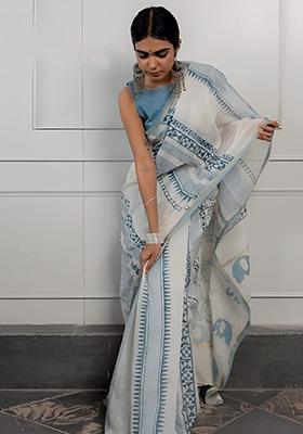 Off White Embroidered Cotton Saree Set