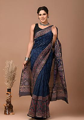 Blue Embroidered Cotton Saree Set