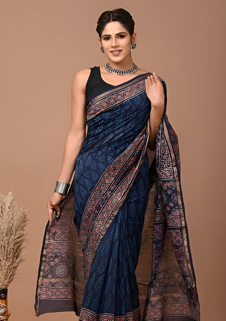 Blue Embroidered Cotton Saree Set