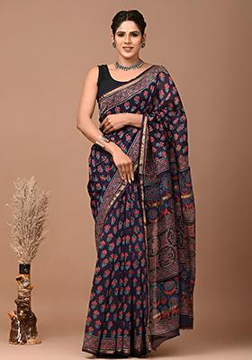Navy Blue Embroidered Cotton Saree Set