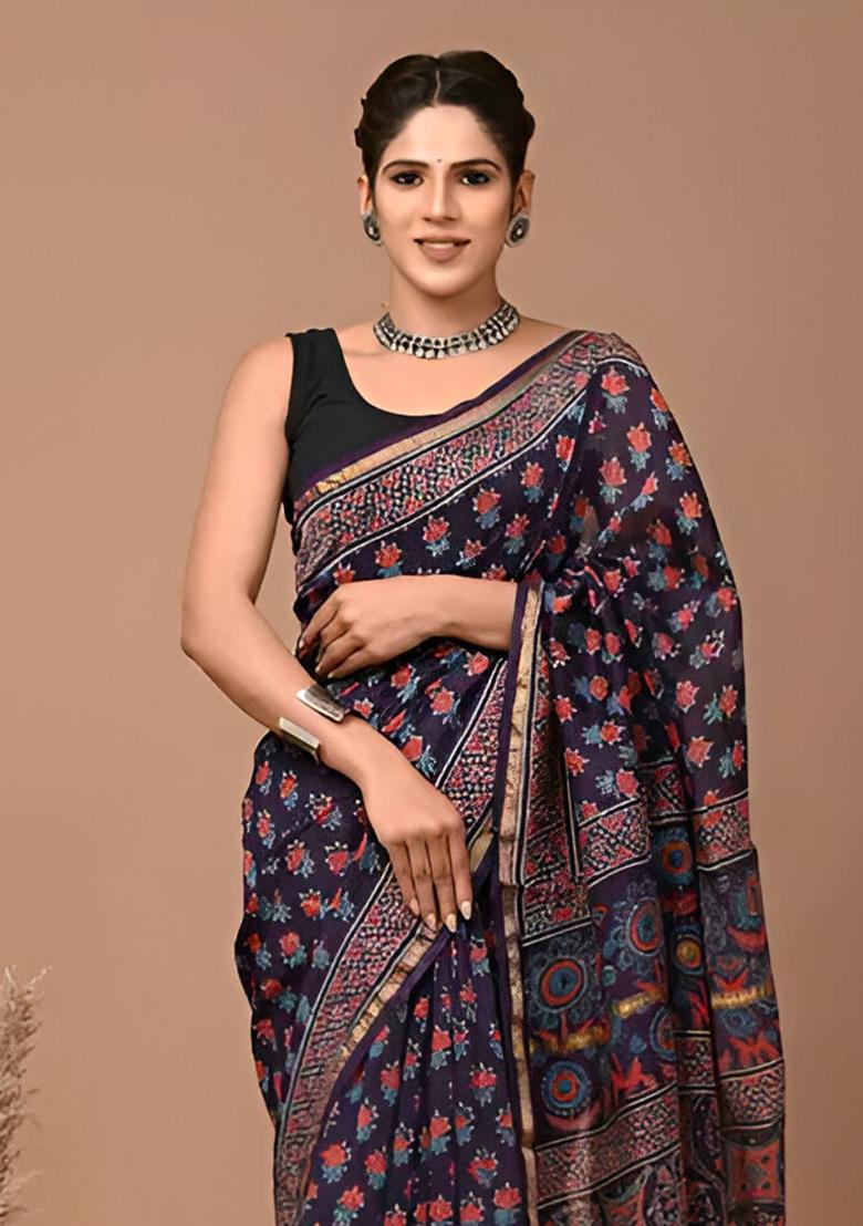 Navy Blue Embroidered Cotton Saree Set