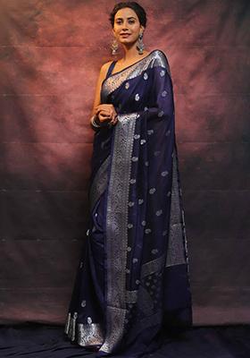Blue Embroidered Silk Saree Set