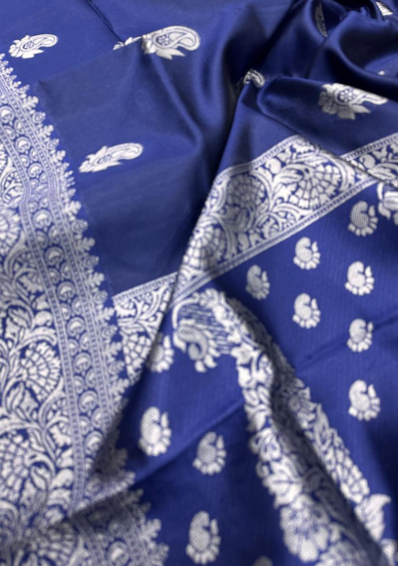 Blue Embroidered Silk Saree Set