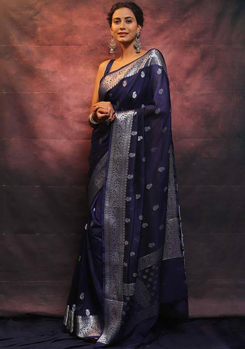 Blue Embroidered Silk Saree Set