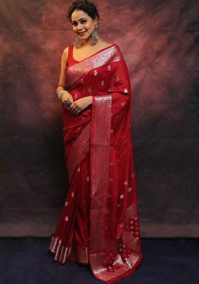 Red Embroidered Silk Saree Set