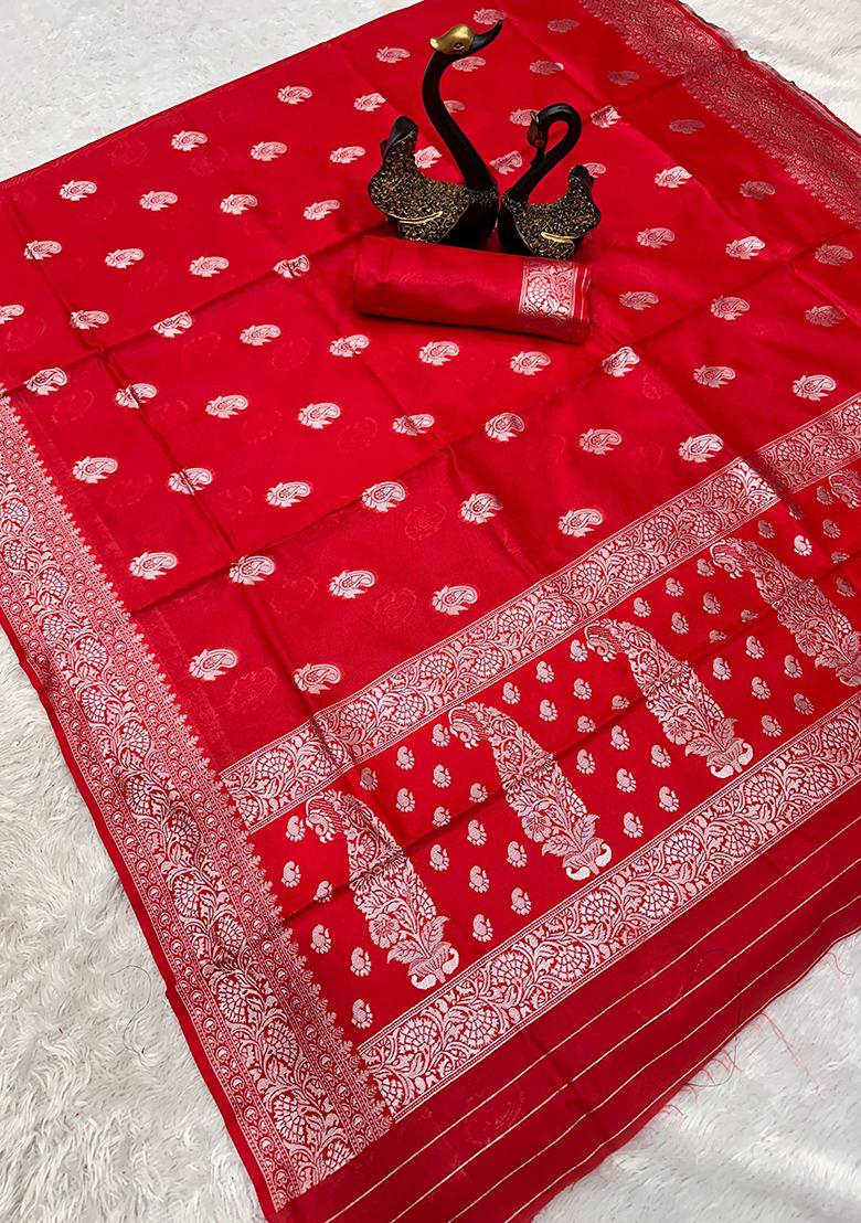 Red Embroidered Silk Saree Set