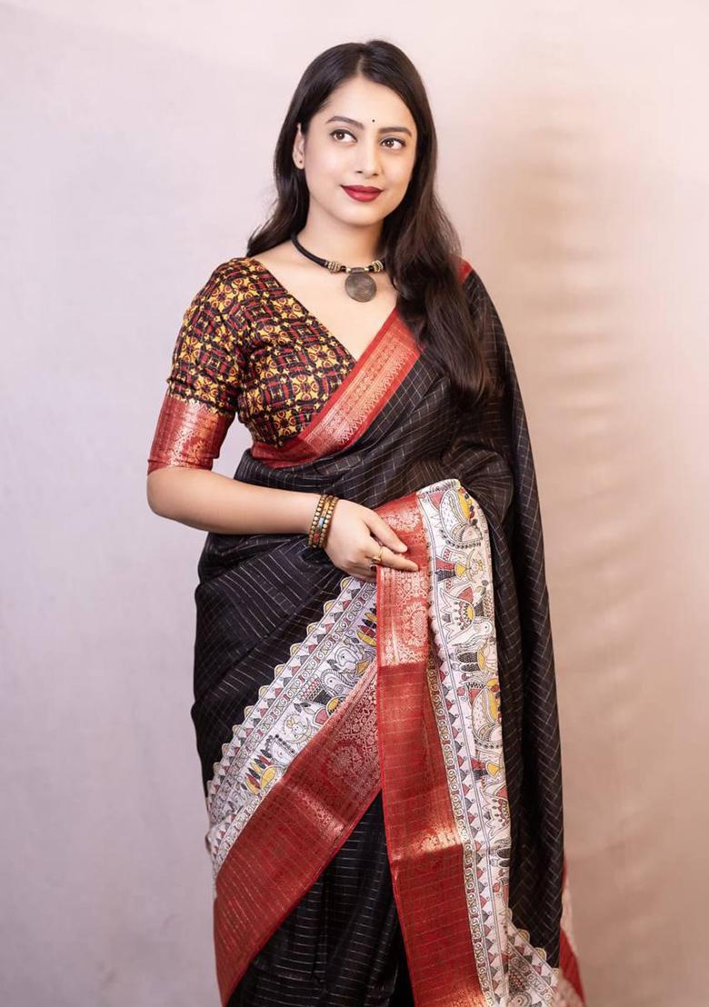 Black Embroidered Silk Saree Set