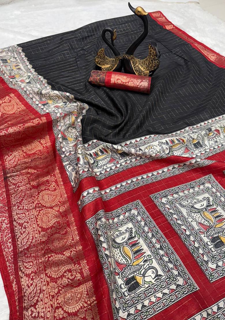 Black Embroidered Silk Saree Set